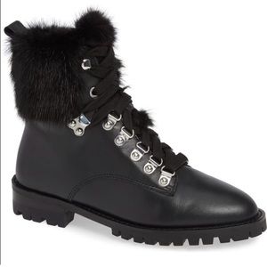 Rebecca Minkoff Black Fur-Trim Lace-Up Leather Boots